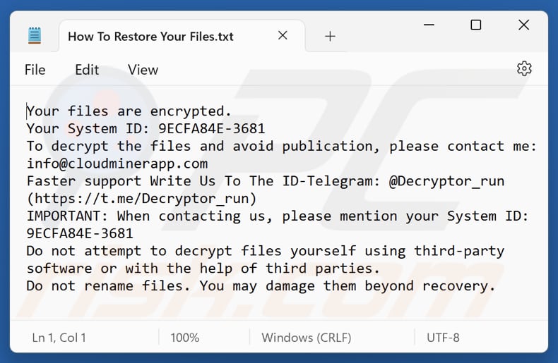Bitco1n ransomware tekstbestand (How To Restore Your Files.txt)