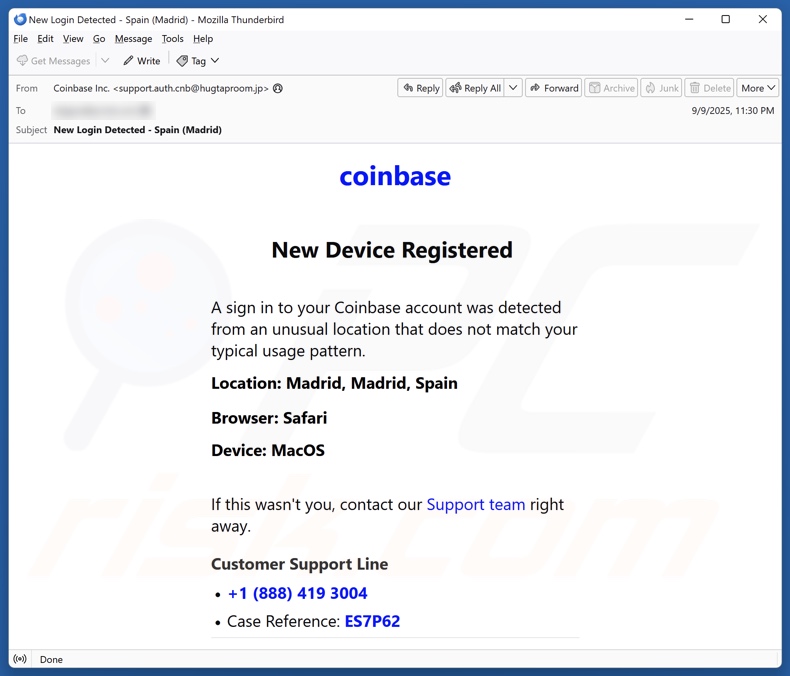 Coinbase Device Registration e-mailspamcampagne