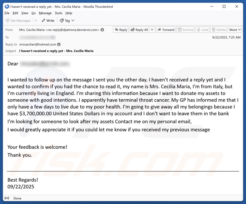 Donatie aan iemand met goede bedoelingen e-mailspamcampagne