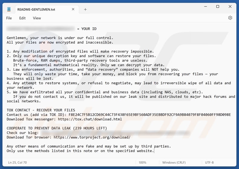 Tekstbestand van Gentlemen ransomware (README-GENTLEMEN.txt)