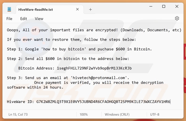 HiveWare ransomware tekstbestand (HiveWare ReadMe.txt)