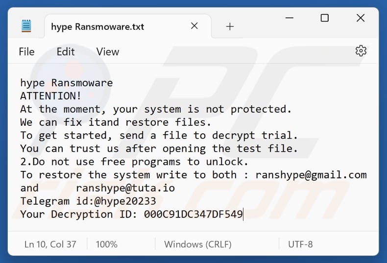 Hype ransomware tekstbestand (hype Ransmoware.txt)
