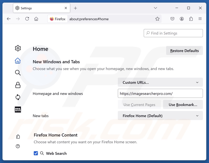 imagesearcherpro.com verwijderen van de startpagina van Mozilla Firefox