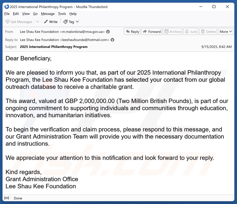 E-mailspamcampagne ‘International Philanthropy Program’