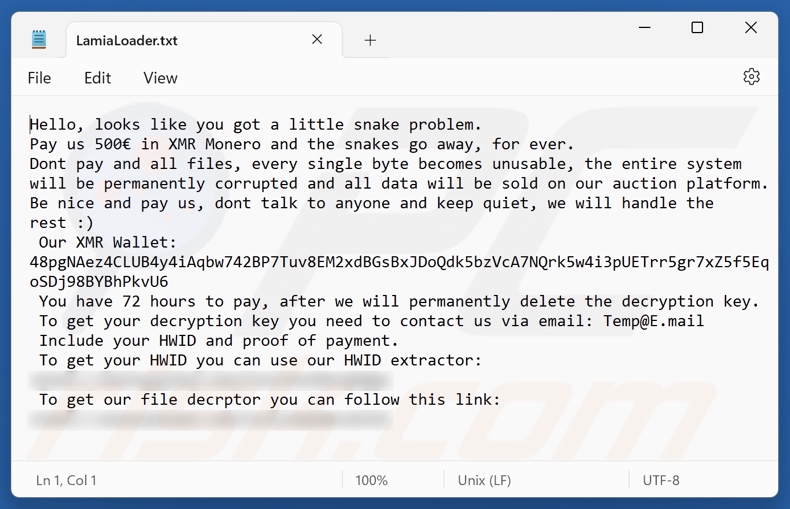 Lamia Loader ransomware losgeldbrief (LamiaLoader.txt)
