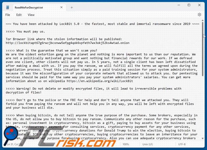 LockBit 5.0 ransomware losgeldbrief (ReadMeForDecrypt.txt)
