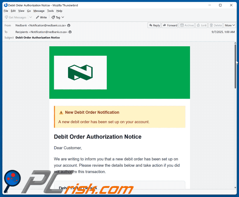 Nedbank - New Debit Order Notification uiterlijk van een scam-e-mail (GIF)