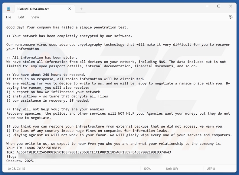 Obscura ransomware losgeldbrief (README-OBSCURA.txt)