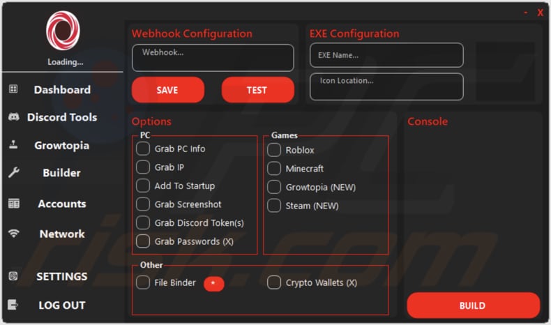 Beheerderspaneel van Osprey stealer