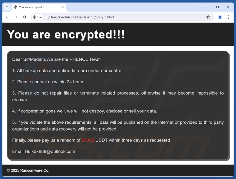 Phenol ransomware losgeldbrief (Encrypt.html)
