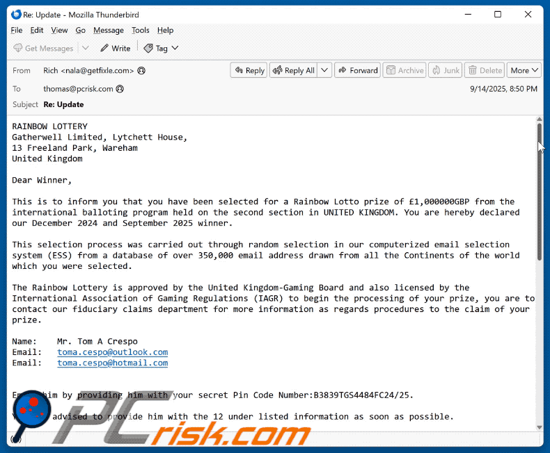 Uiterlijk van de Rainbow Lottery-oplichtingsmail (GIF)