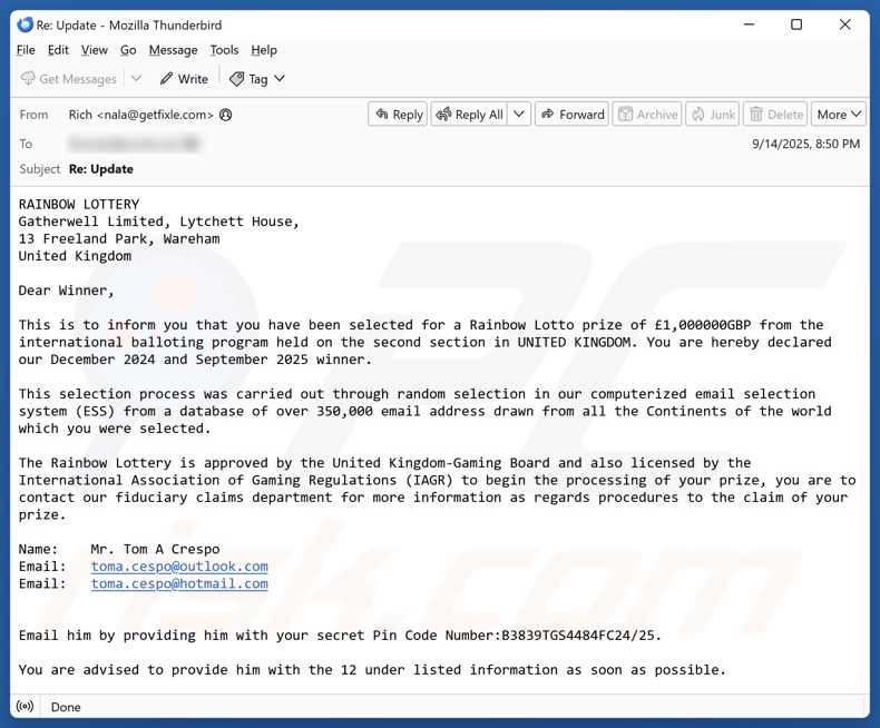 Rainbow Lottery e-mailspamcampagne