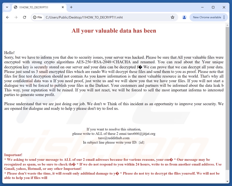 Losgeldbriefje van Taro ransomware (!!!HOW_TO_DECRYPT!! !.mht)