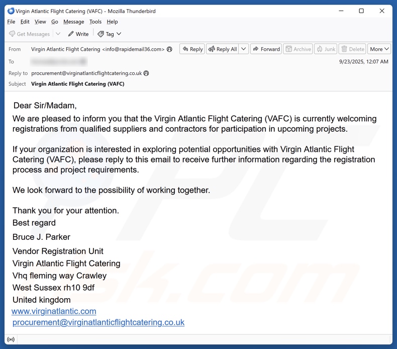 Virgin Atlantic Flight Catering (VAFC) email spam campaigne