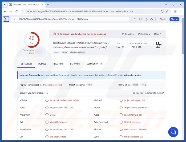 ZynorRAT malware detecties op VirusTotal