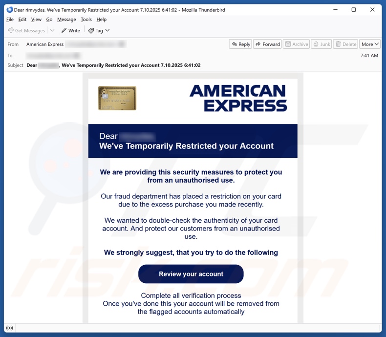 American Express - E-mailspamcampagne ‘Account beperkt’