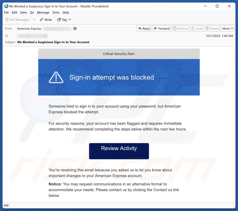 American Express - Sign-in Attempt Was Blocked e-mailspamcampagne