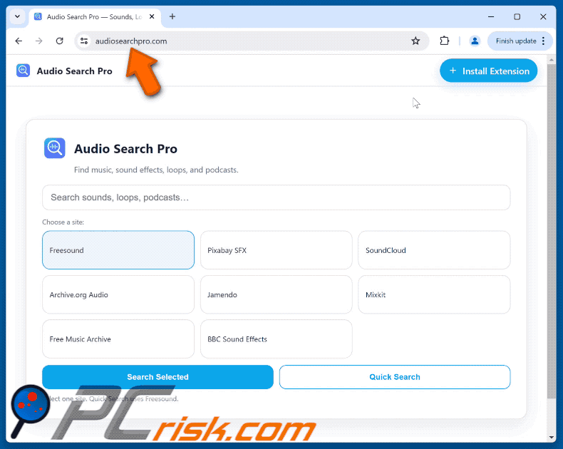 Audio Search Pro browserkaper die doorverwijst naar audiosearchpro.com (GIF)