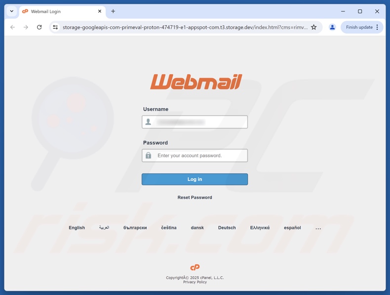 cPanel - Webmail Update Required frauduleuze e-mail promootte phishing-site