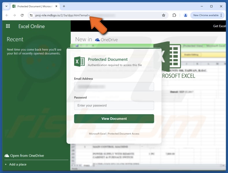 Excel Online Manager Email Scam phishing page