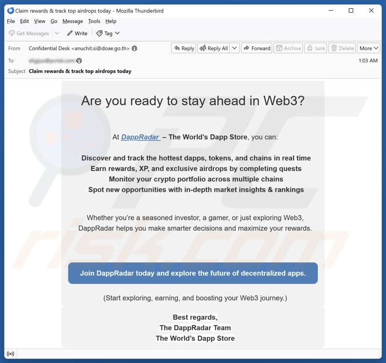 Nep-e-mail die reclame maakt voor de nepwebsite DappRadar