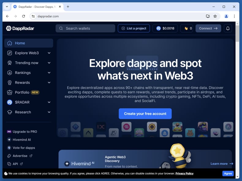 Nepwebsite van DappRadar echte website (dappradar.com)
