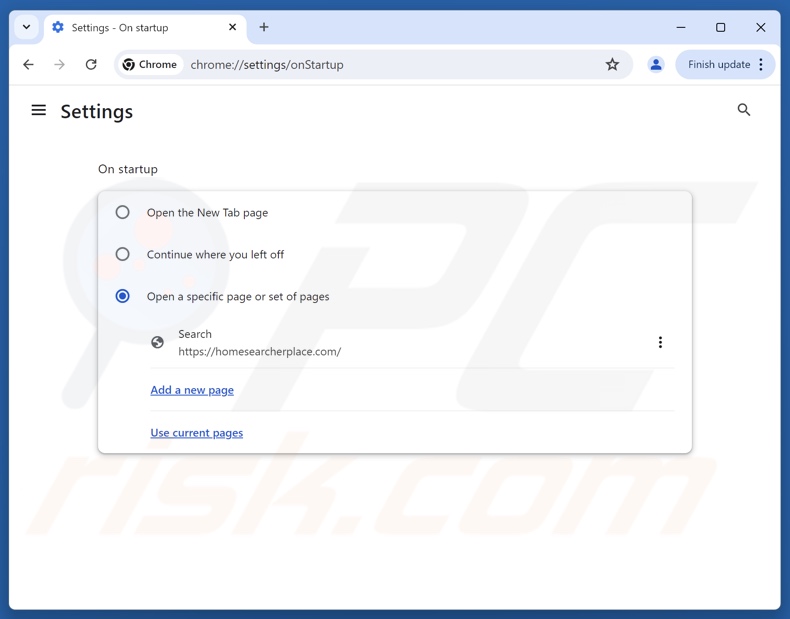 Homesearcherplace[.]com verwijderen van de startpagina van Google Chrome