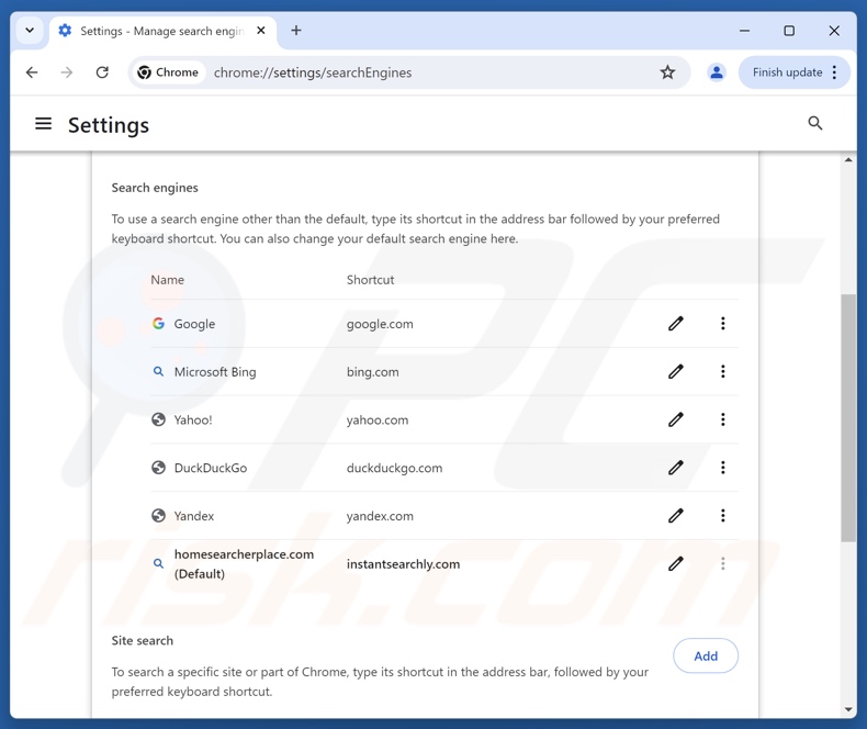 Homesearcherplace[.]com verwijderen uit de standaardzoekmachine van Google Chrome