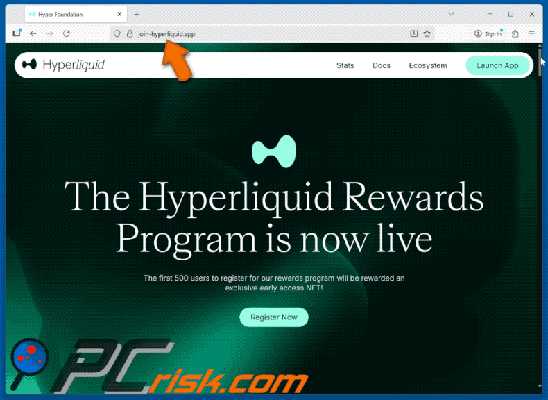 Uiterlijk van de valse website van het Hyperliquid Rewards Program (GIF)