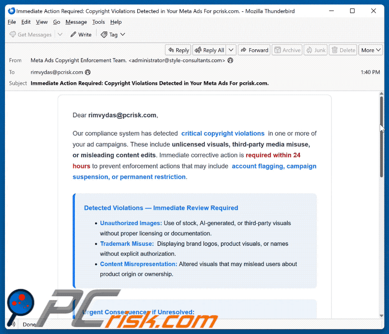Meta Ads Critical Copyright Violations oplichting uiterlijk