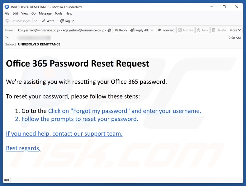 Office 365 Password Reset Request e-mailspamcampagne