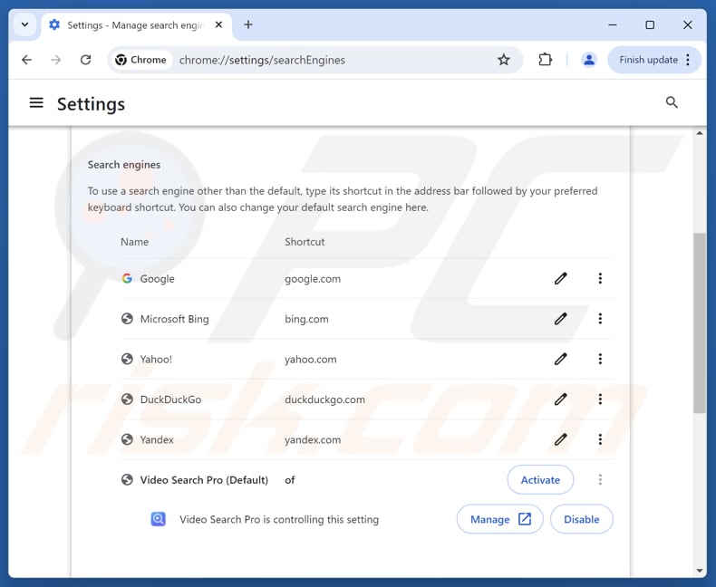 Videosearcherpro.com verwijderen uit de standaardzoekmachine van Google Chrome
