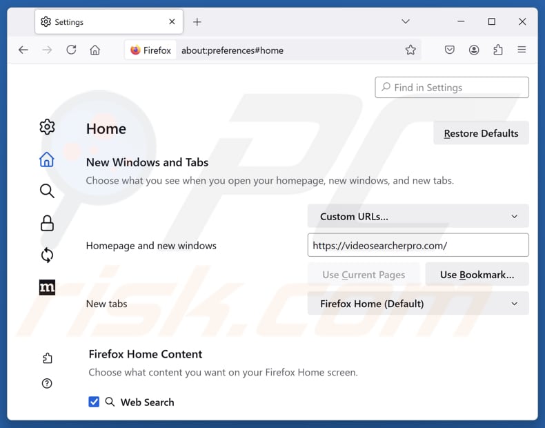 Videosearcherpro.com verwijderen van de startpagina van Mozilla Firefox
