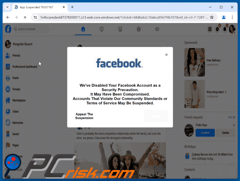 Uiterlijk van de pop-up scam ‘We hebben uw Facebook-account uitgeschakeld’