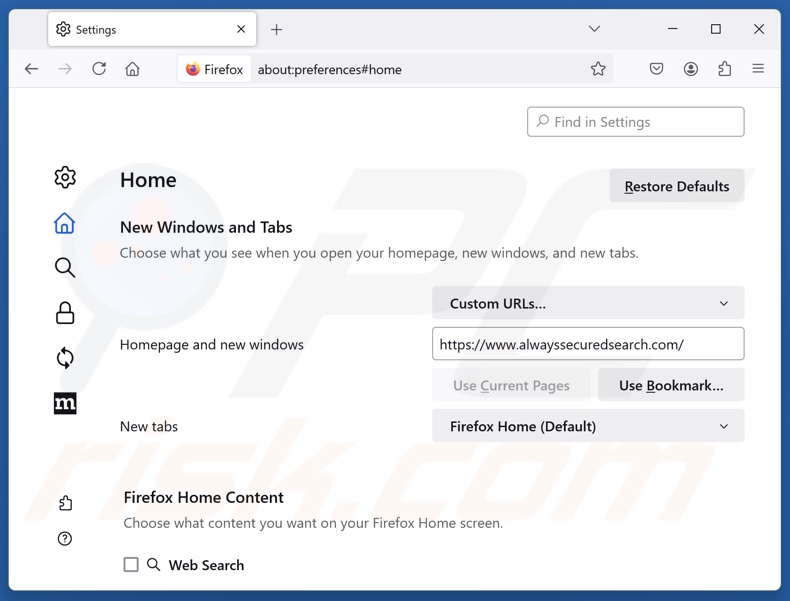 Alwayssecuredsearch.com verwijderen van de startpagina van Mozilla Firefox