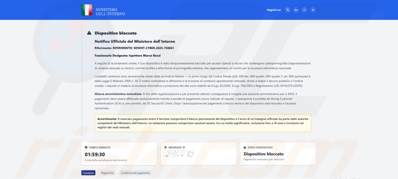 Verschijning van apparaat vergrendeld vanwege toegang tot illegale inhoud-zwendel (Italiaanse variant)