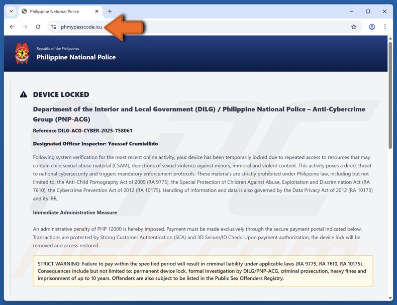 Device Locked Due To Access To Illegal Content oplichting (Engelse variant)