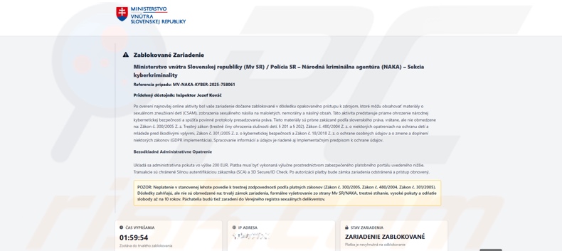 Verschijning van apparaat vergrendeld vanwege toegang tot illegale inhoud-zwendel (Slowaakse variant)