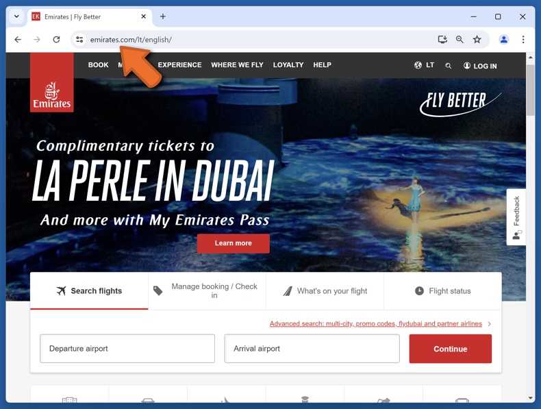 Uiterlijk van de echte Emirates website (emirates.com)