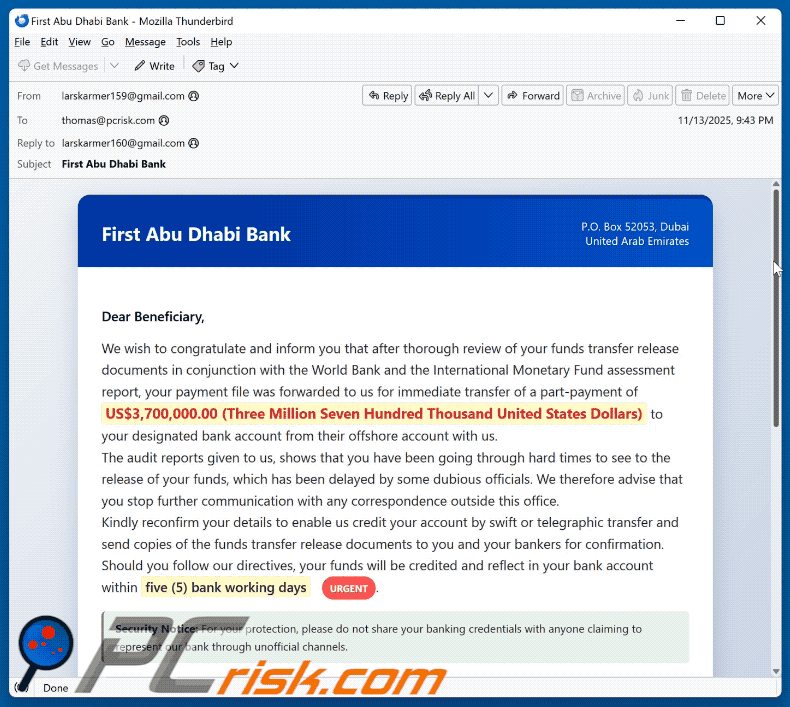 First Abu Dhabi Bank - Funds Transfer Documents uiterlijk van een scam e-mail (GIF)