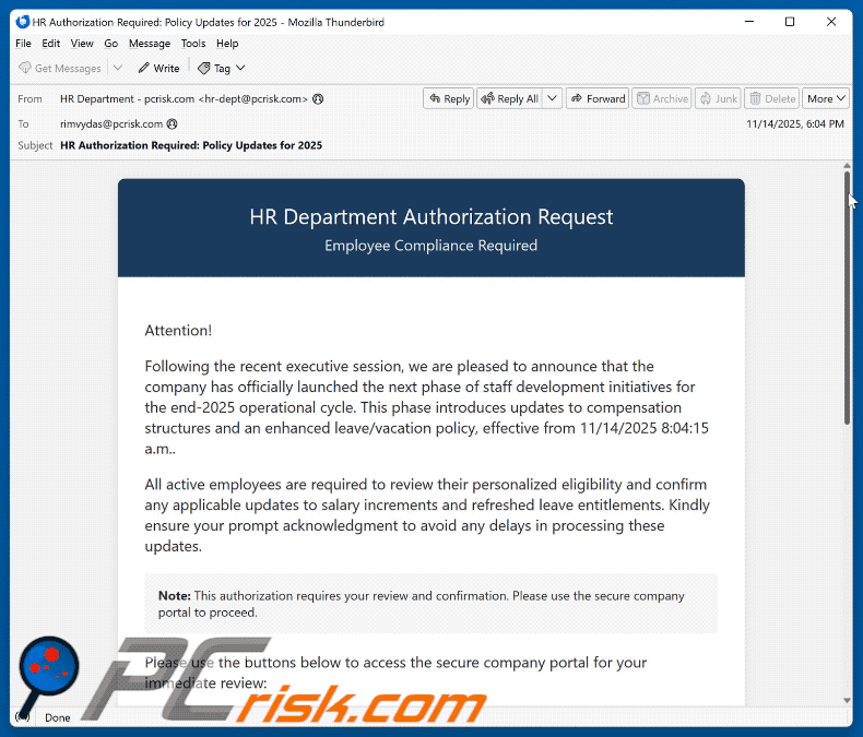 HR Department Authorization Request uiterlijk van een scam e-mail (GIF)