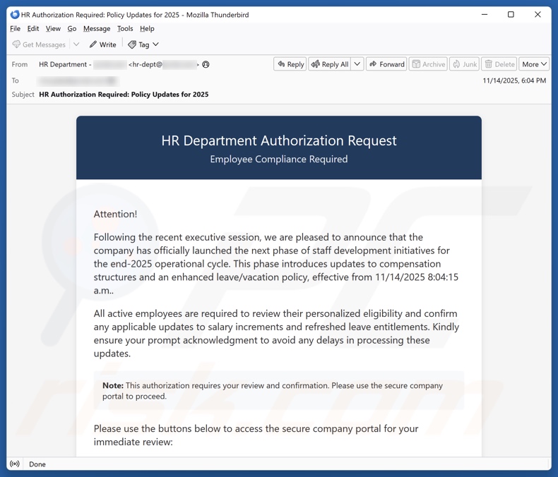 HR Department Authorization Request email spam campaigne