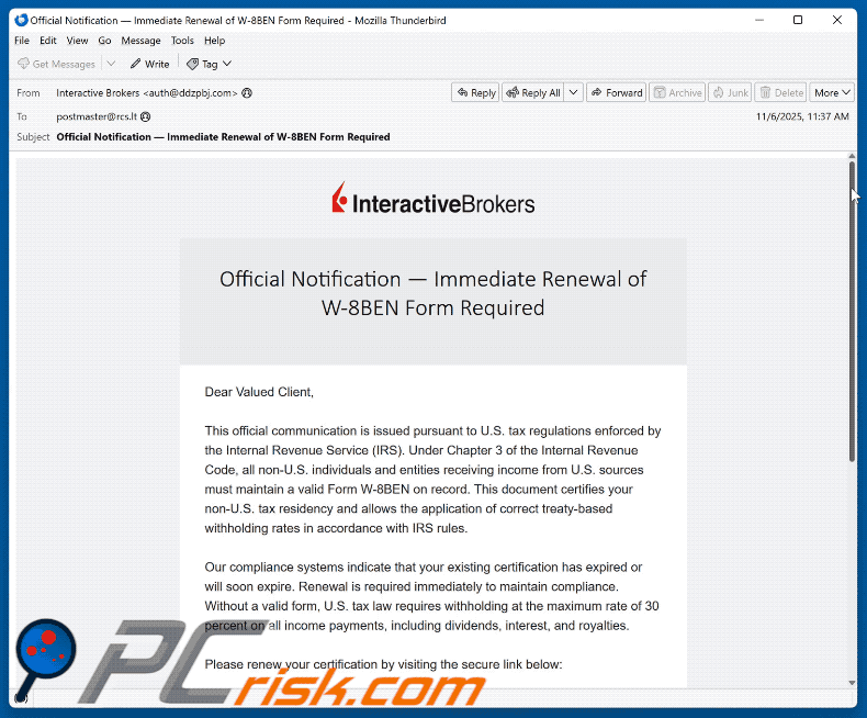 Interactive Brokers - Renewal of W-8BEN Form Required uiterlijk van een scam e-mail (GIF)