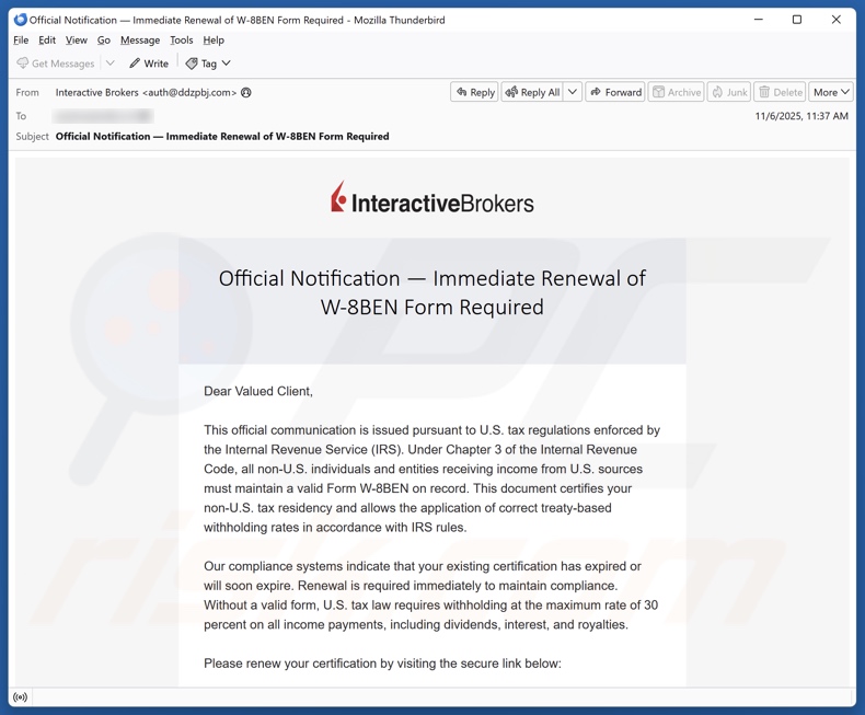 Interactive Brokers - Renewal of W-8BEN Form Required e-mailspamcampagne