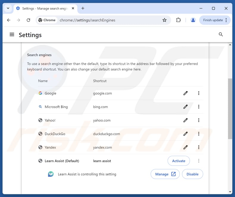 Learnassistsearch.com verwijderen uit de standaardzoekmachine van Google Chrome