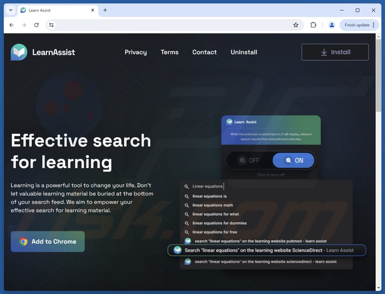 Website gebruikt om de Learn Assist-browserkaper te promoten