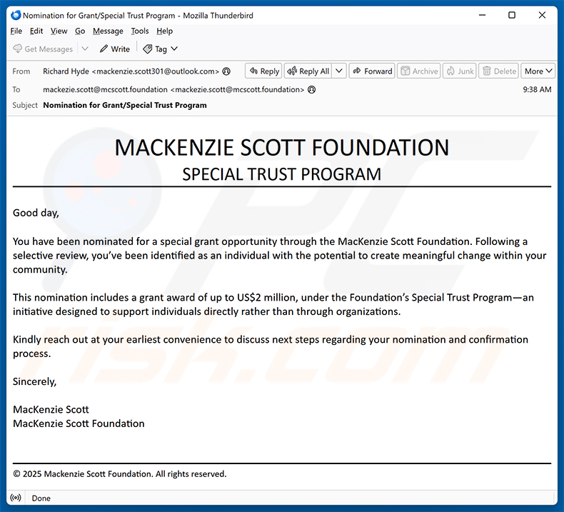 Mackenzie Scott Foundation email oplichting (2025-11-14)