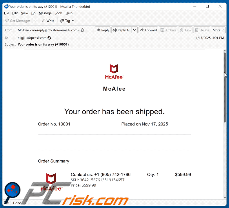 McAfee - Your Order Has Been Shipped uiterlijk van een scam e-mail (GIF)