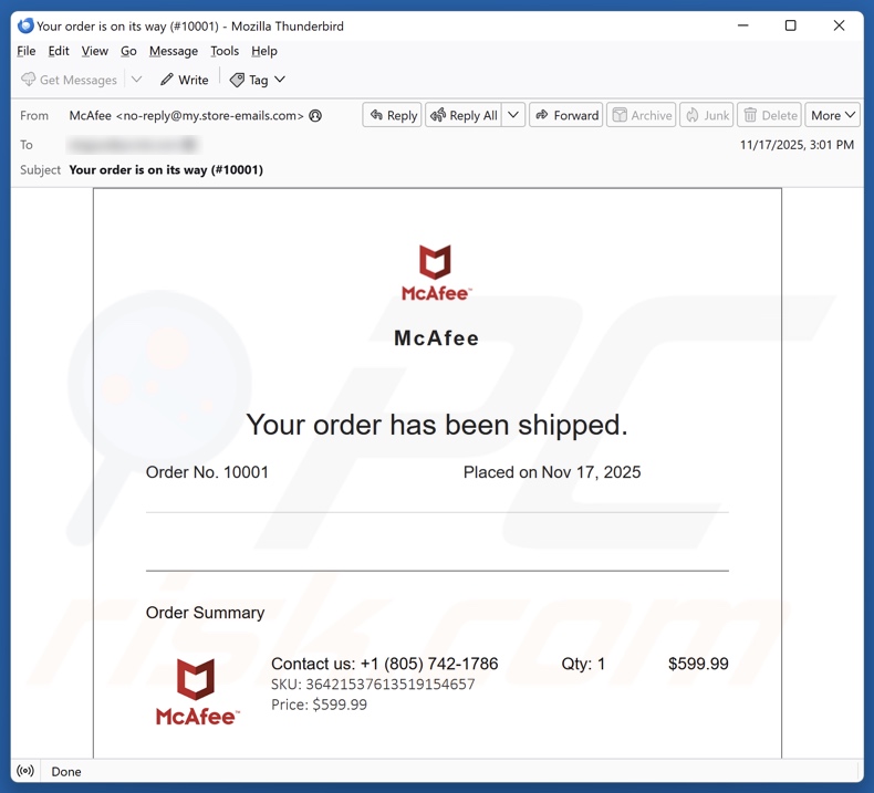 McAfee - Your Order Has Been Shipped email spam campaigne