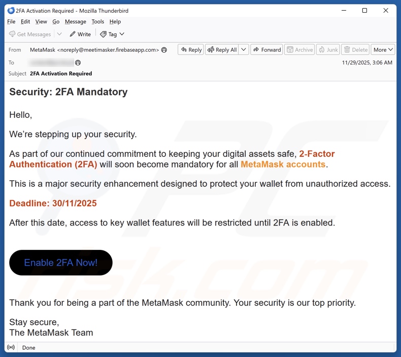 MetaMask 2FA Activation email spam campagne